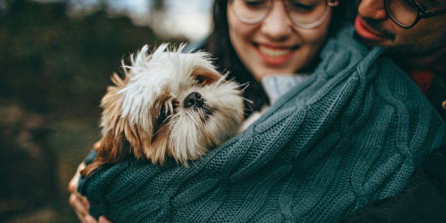 Man en vrouw knuffelen hond