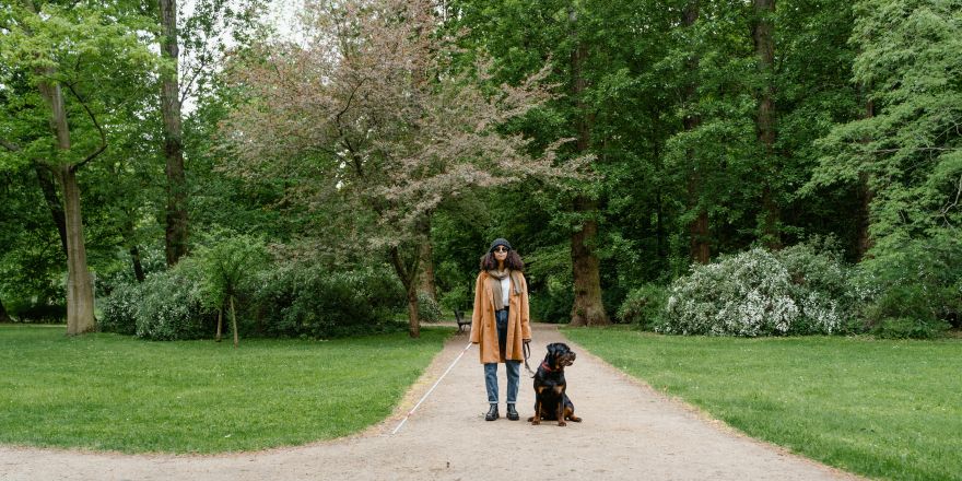 blinde vrouw met blindegeleidestok en blindegeleidehond