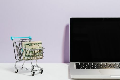 Winkelwagen met geld naast een laptop