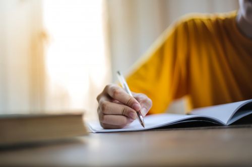Vrouw schrijft in notitieboek