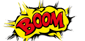 "Boom" in een explosiewolkje in stripstijl