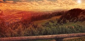 Foto van een golden hour zon met uitzicht op bergen en bossen
