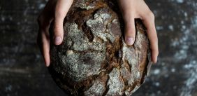 Handen omklemmen een rond brood