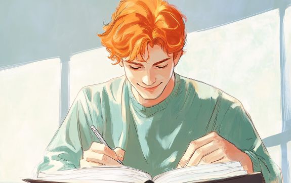 Getekende jongen die in een boek schrijft